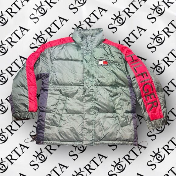 VTG 90s Duck Down Feather Tommy Hilfiger Puffer Jacket Gucci Color Block Size L